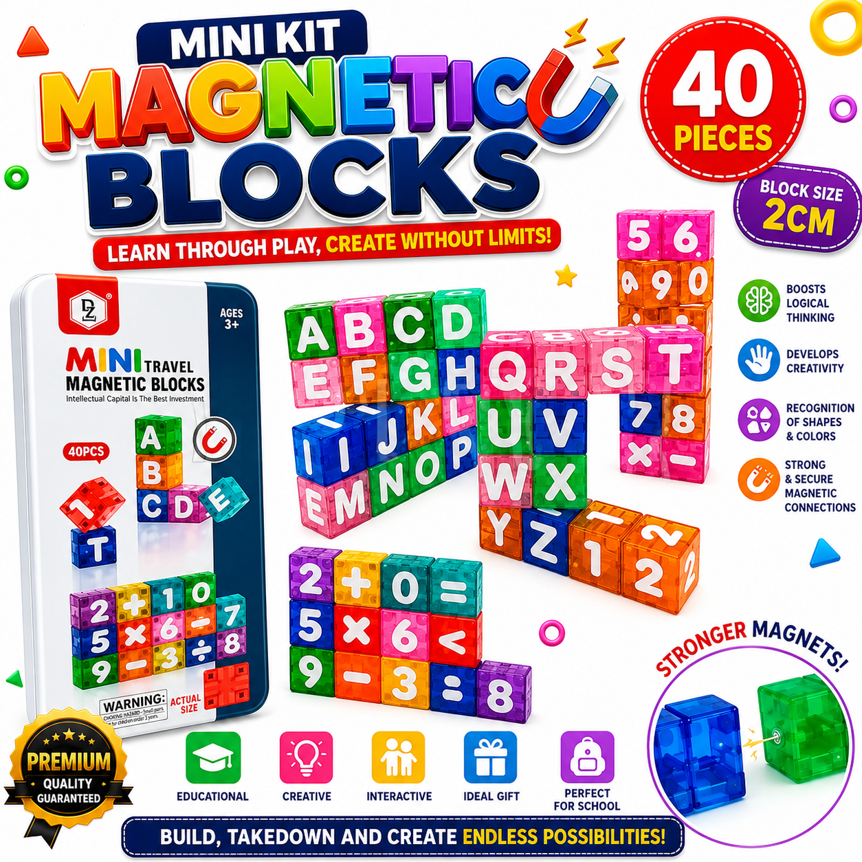 Mini Magnetic Blocks Kit | Alphabet, Numbers & 3D Learning