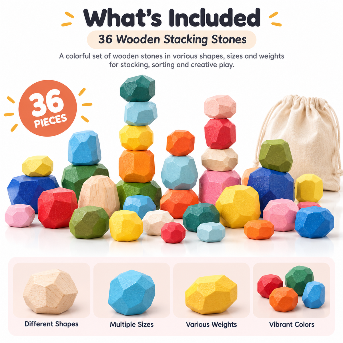 Wooden Stacking Stones Set of 36 Piece