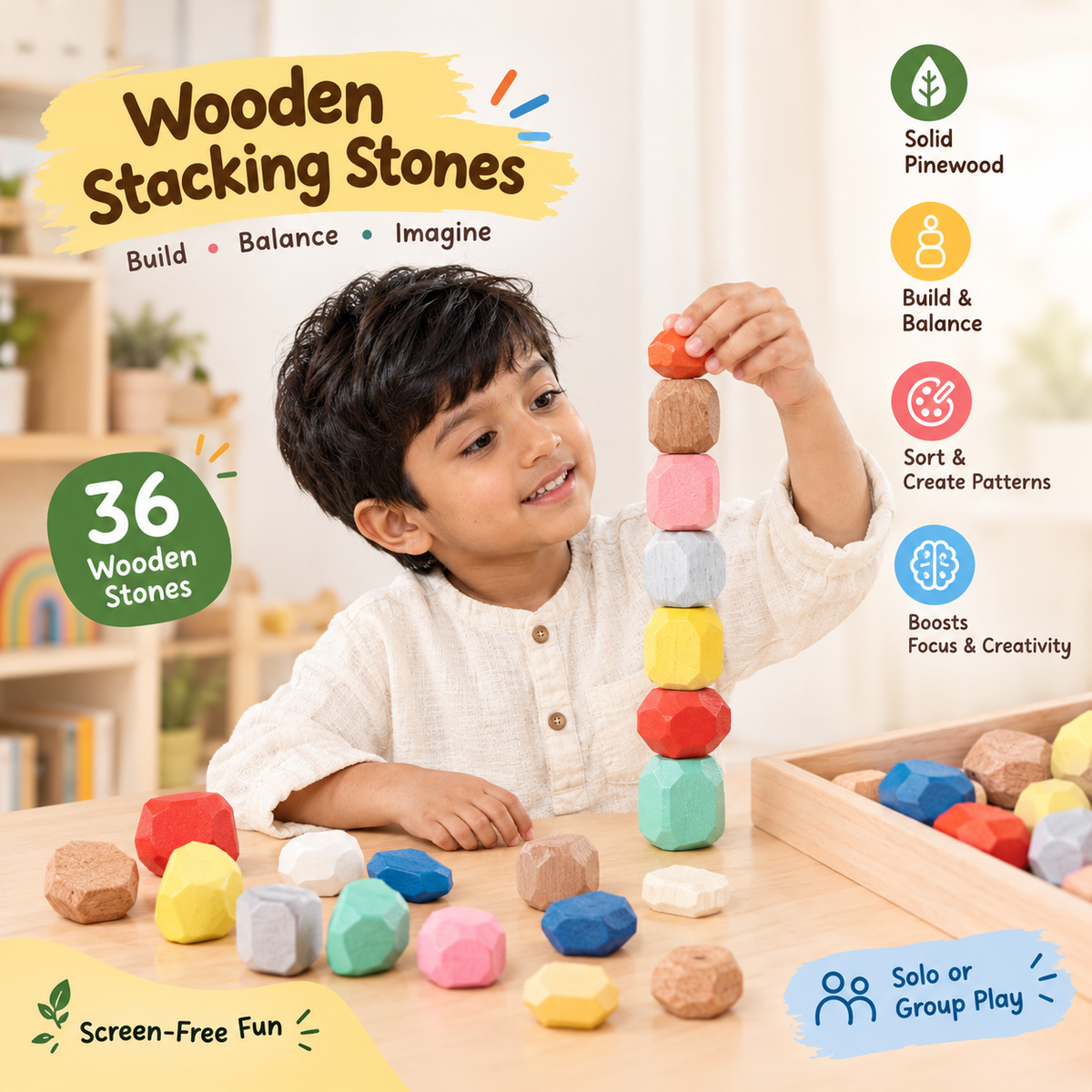 Wooden Stacking Stones Set of 36 Piece