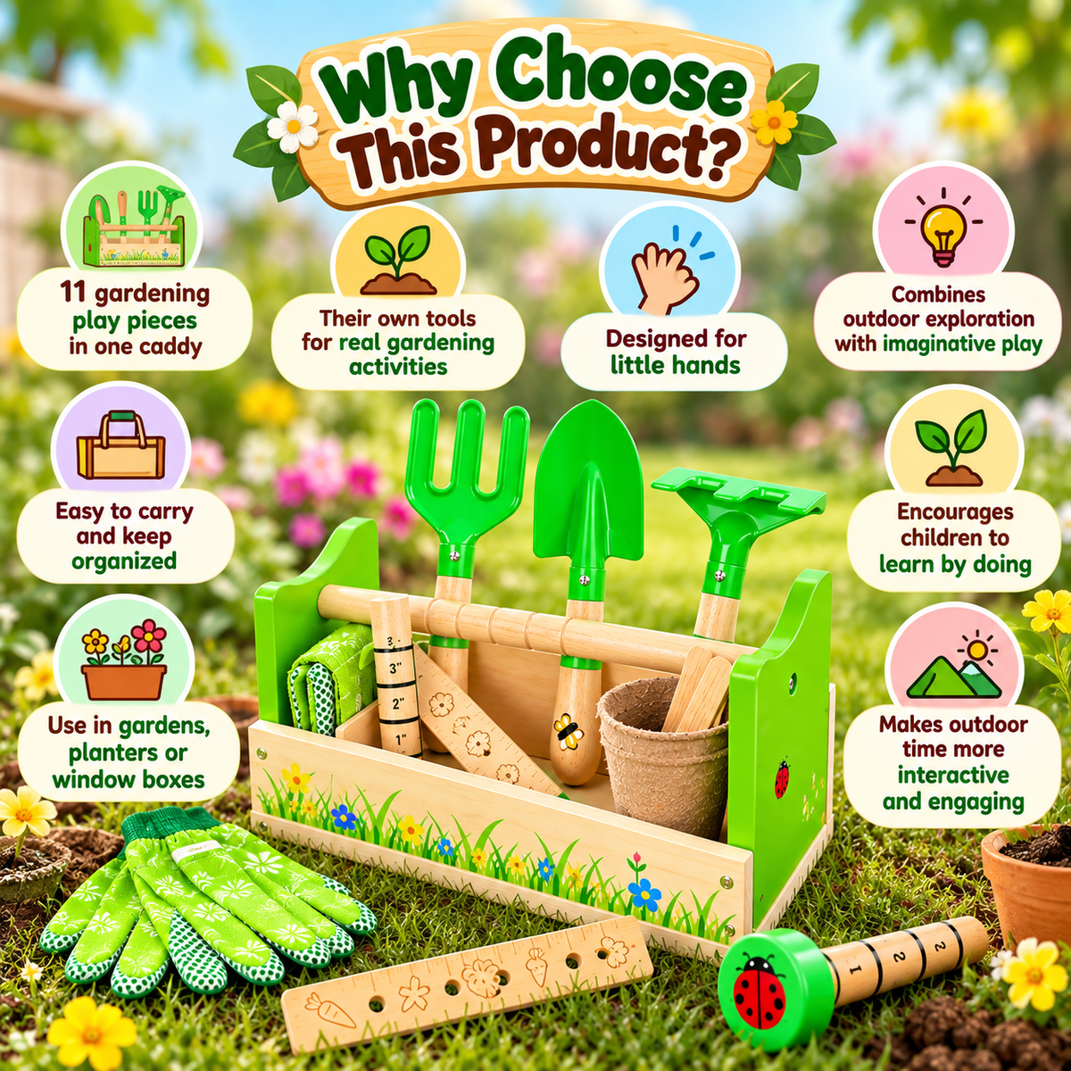 Kids Wooden Gardening Caddy & Tools Set – 11 Piece