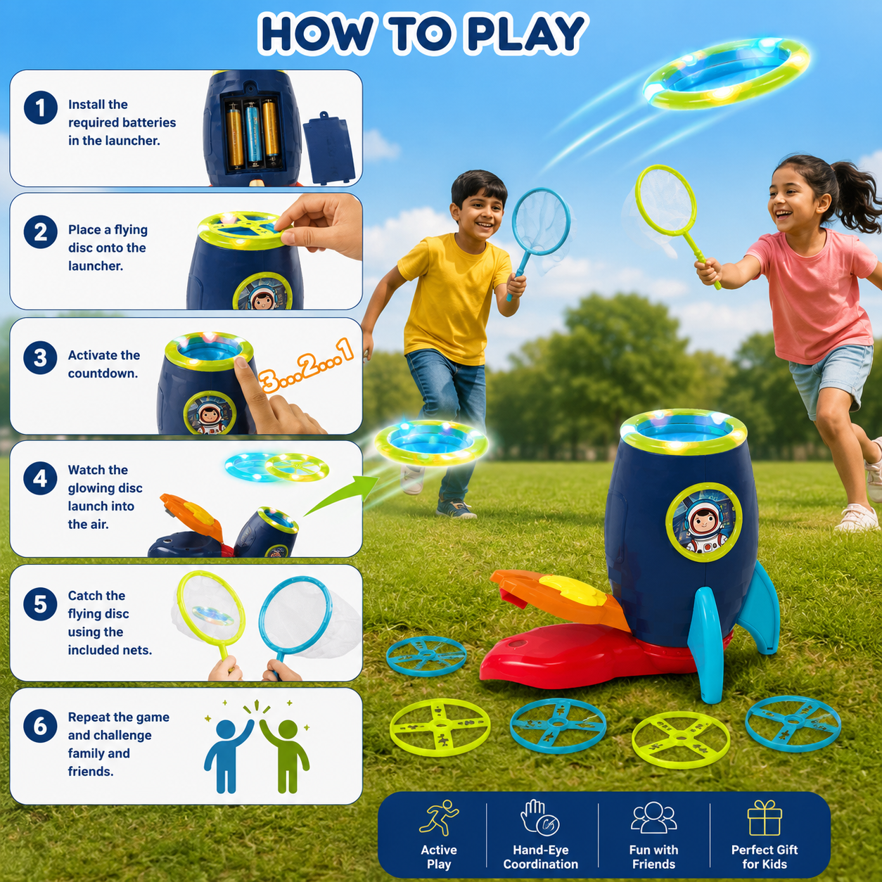 LED Flying Disc Rocket Launcher Toy Set