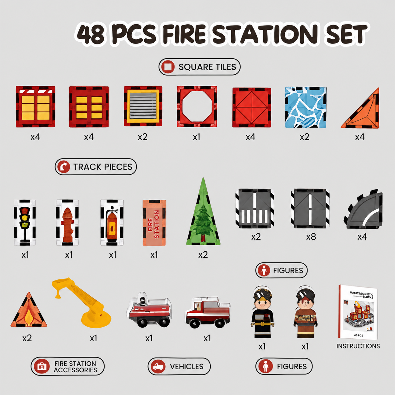 Fire Rescue Magnetic Tile Building Set (48 PCS )