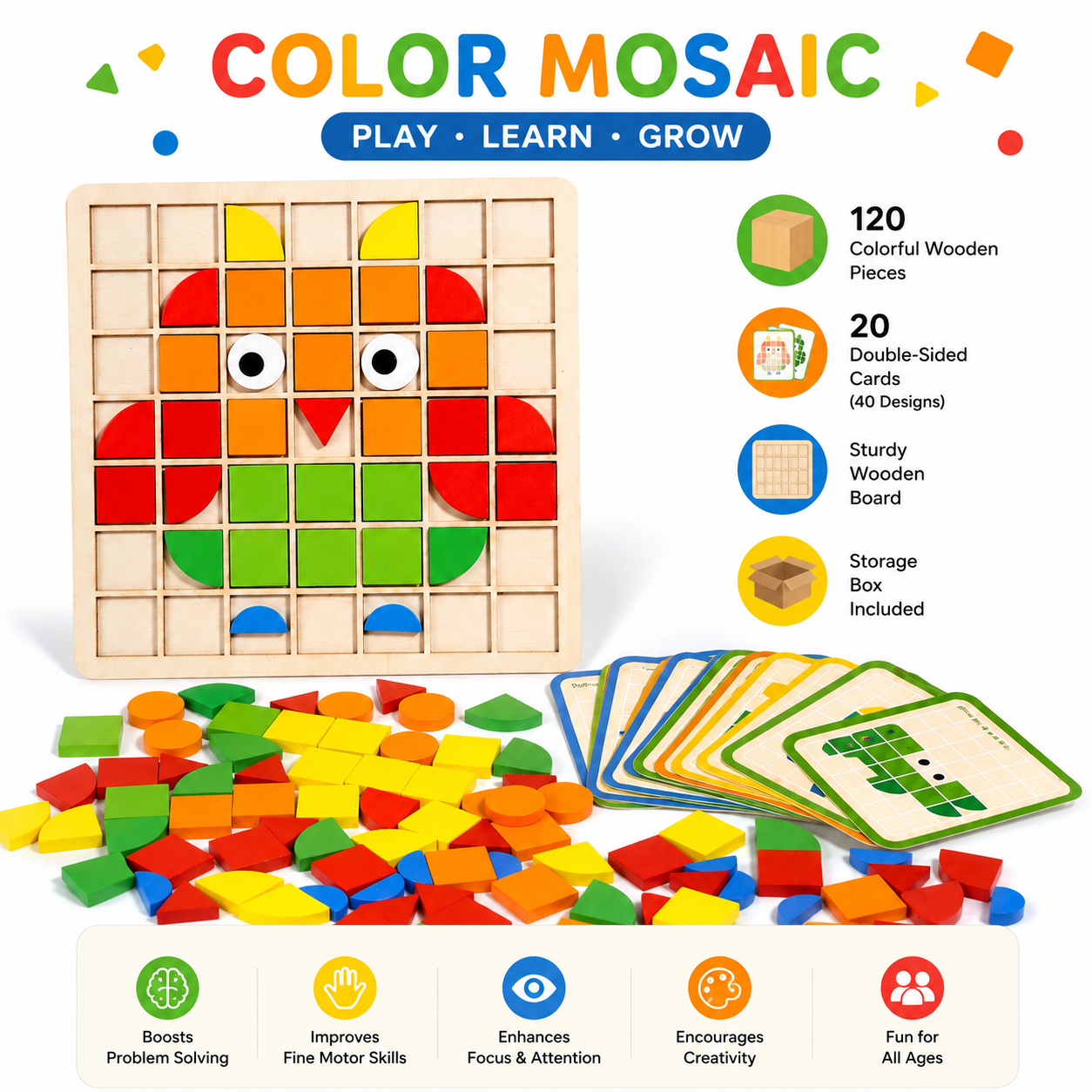 Color Mosaic Puzzle Board – Educational Wooden Pattern Matching Game
