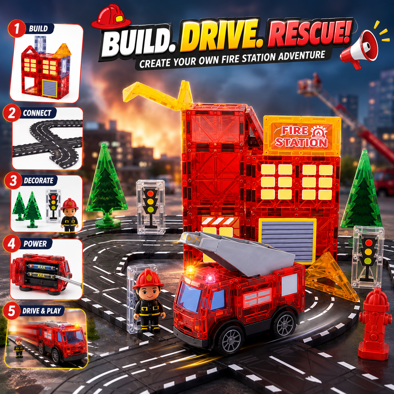 Fire Rescue Magnetic Tile Building Set (48 PCS )