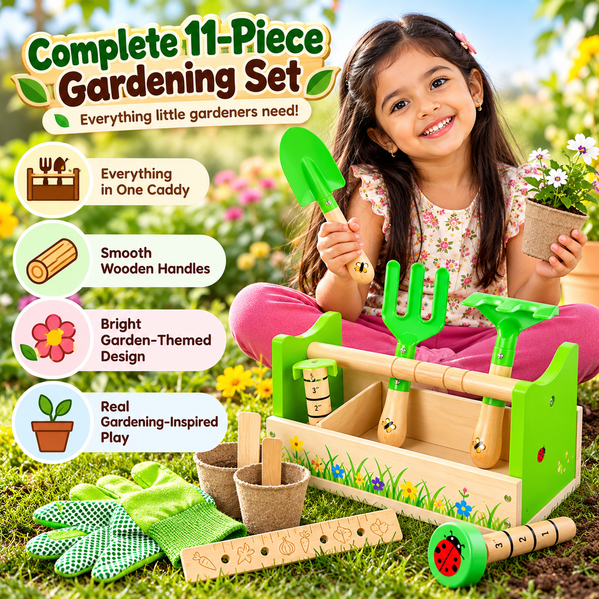 Kids Wooden Gardening Caddy & Tools Set – 11 Piece