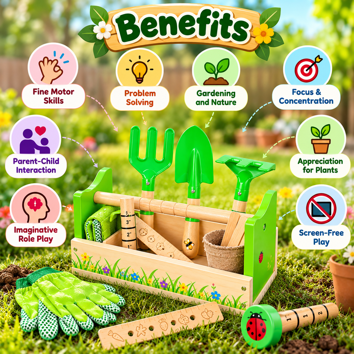 Kids Wooden Gardening Caddy & Tools Set – 11 Piece