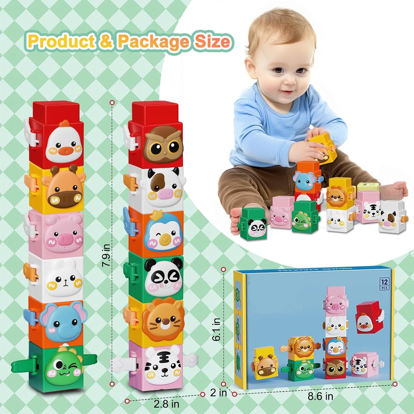 12-Piece Pressable Animal Stacking Blocks