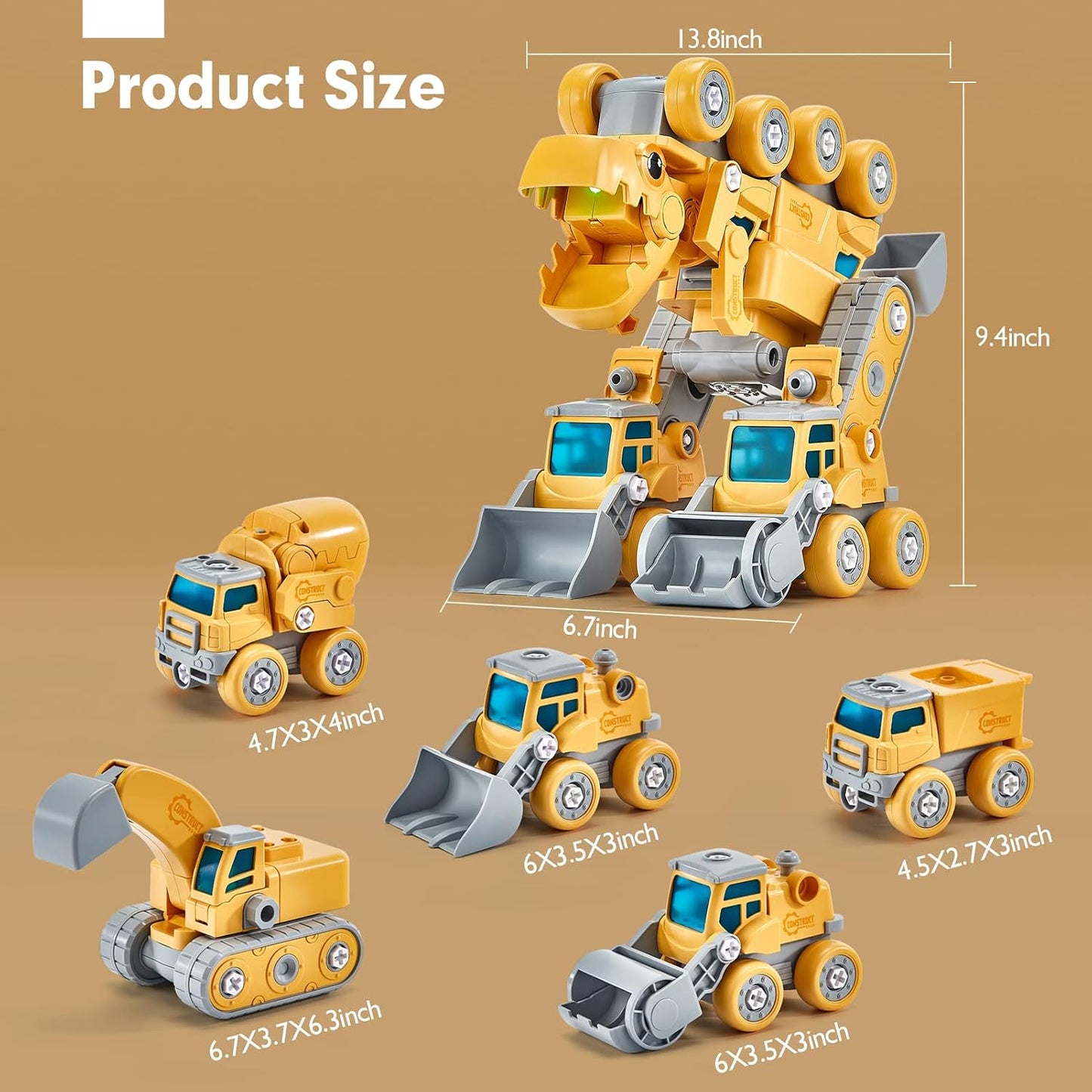 5-in-1 Take-Apart Dinosaur Construction Vehicle Set