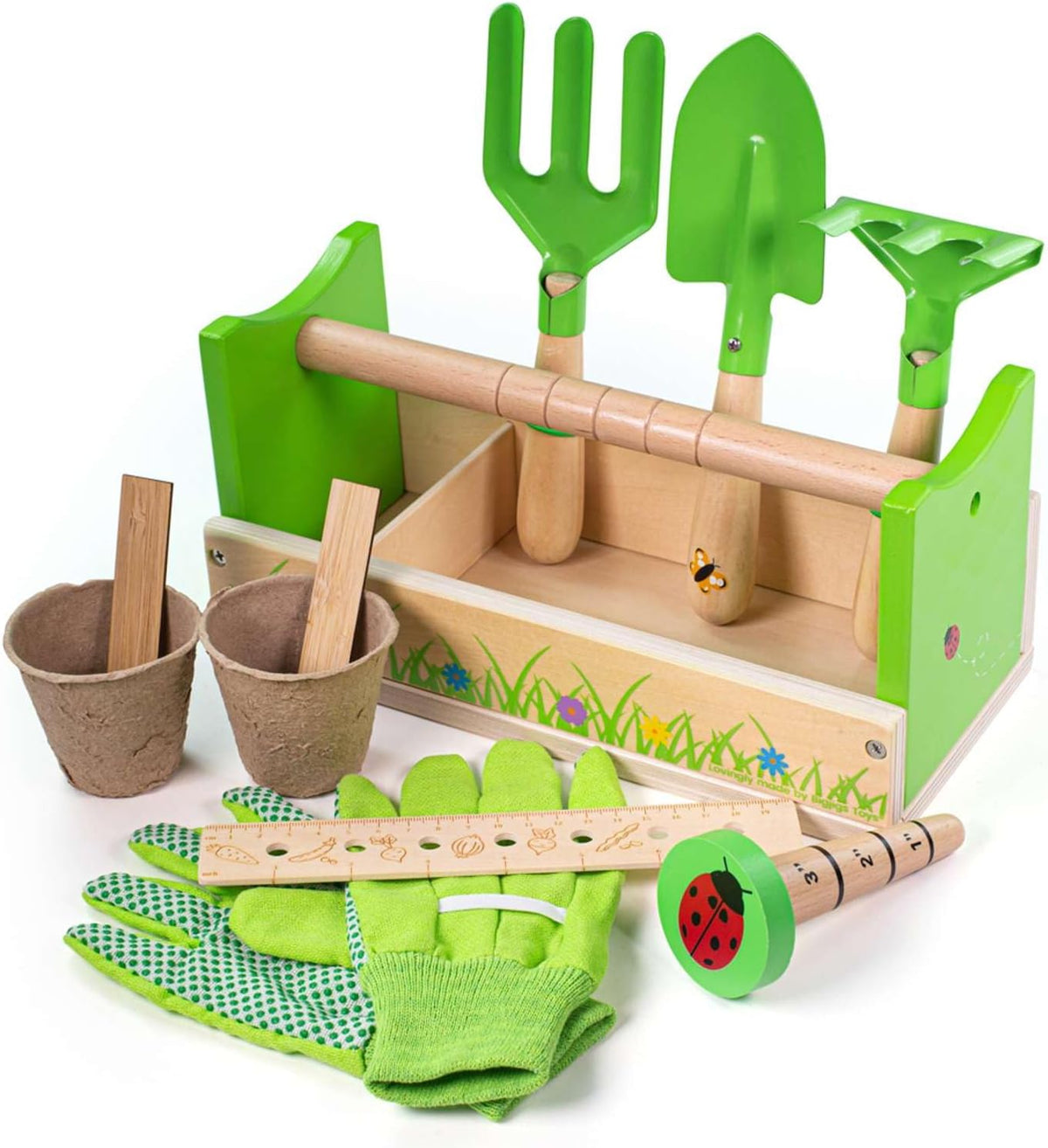 Kids Wooden Gardening Caddy & Tools Set – 11 Piece