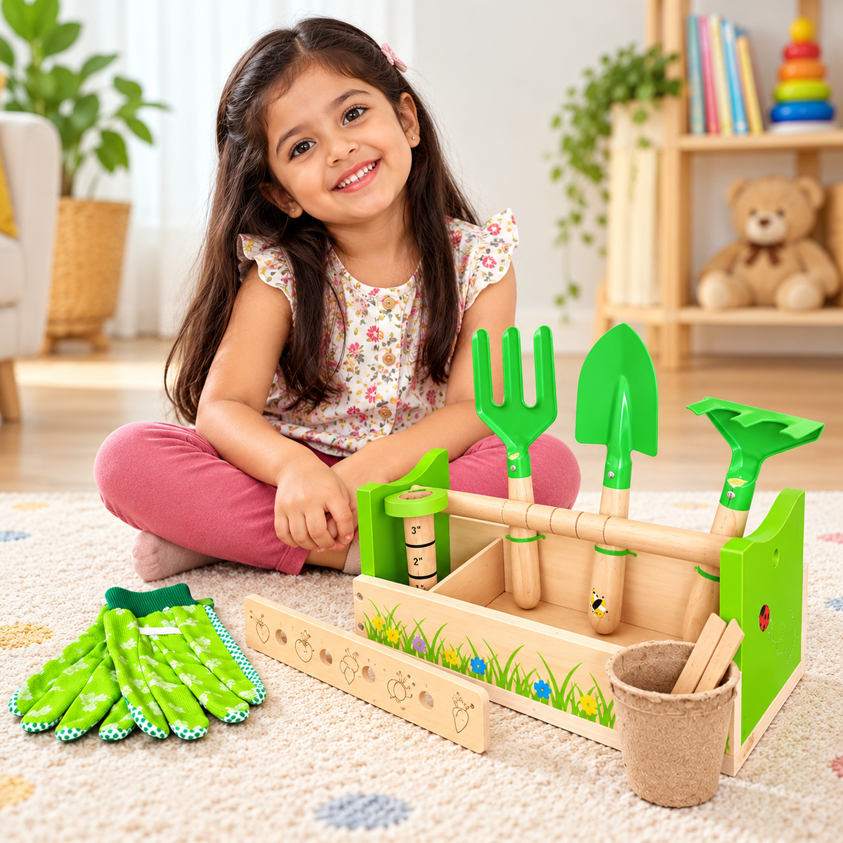 Kids Wooden Gardening Caddy & Tools Set – 11 Piece