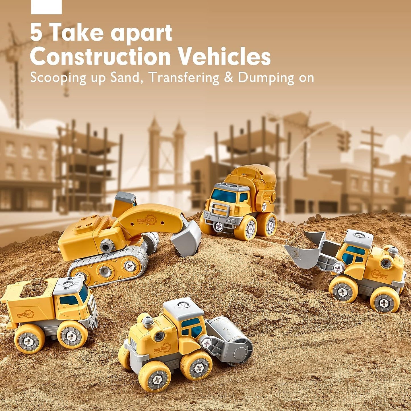 5-in-1 Take-Apart Dinosaur Construction Vehicle Set