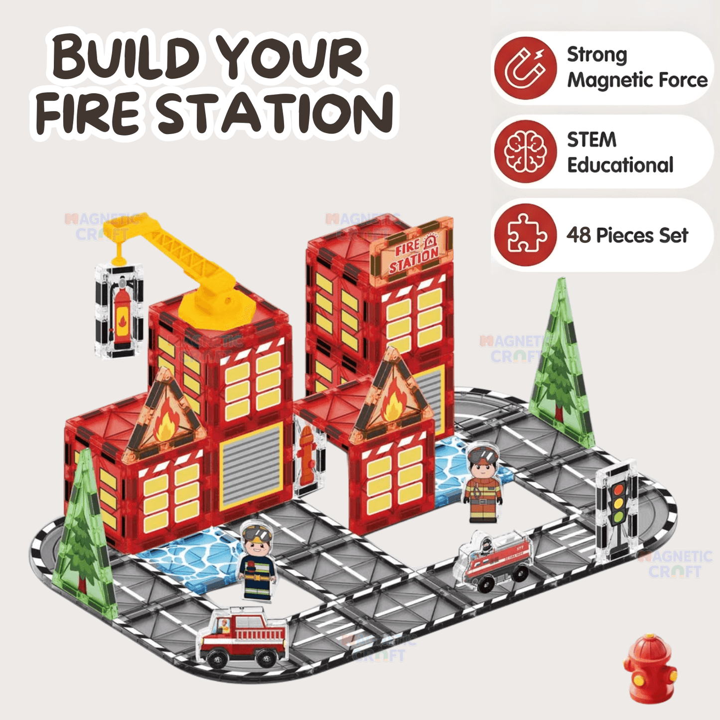 Fire Rescue Magnetic Tile Building Set (48 PCS )