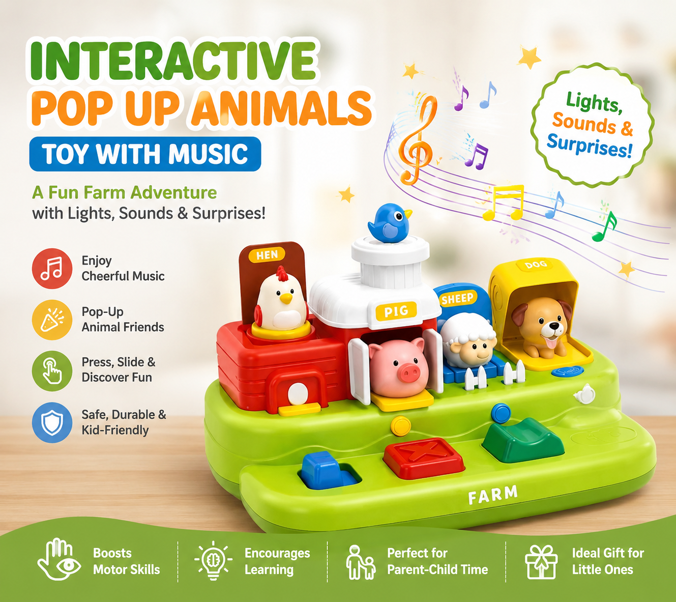Pop-Up Farm Animal Toy with Music & Sounds