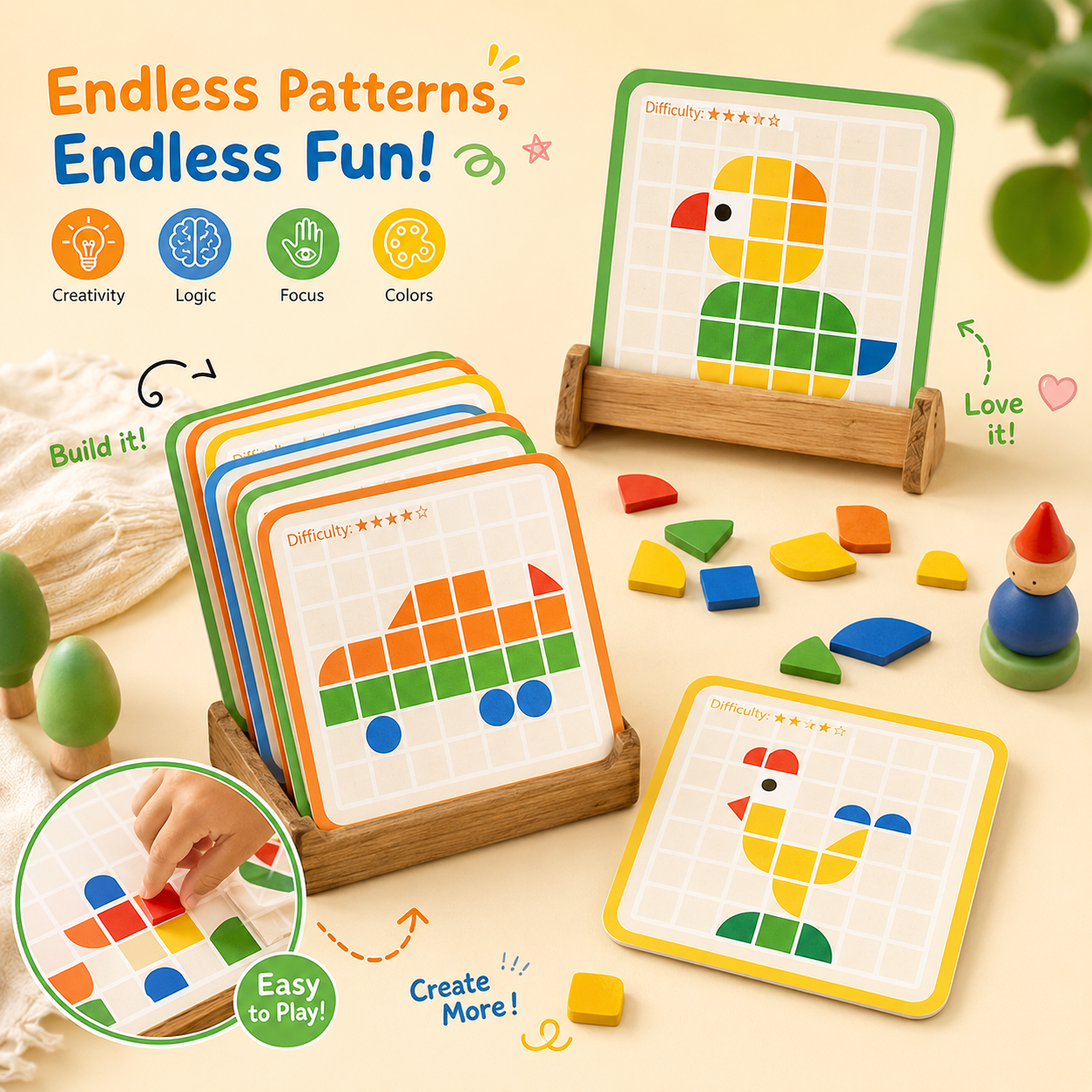 Color Mosaic Puzzle Board – Educational Wooden Pattern Matching Game