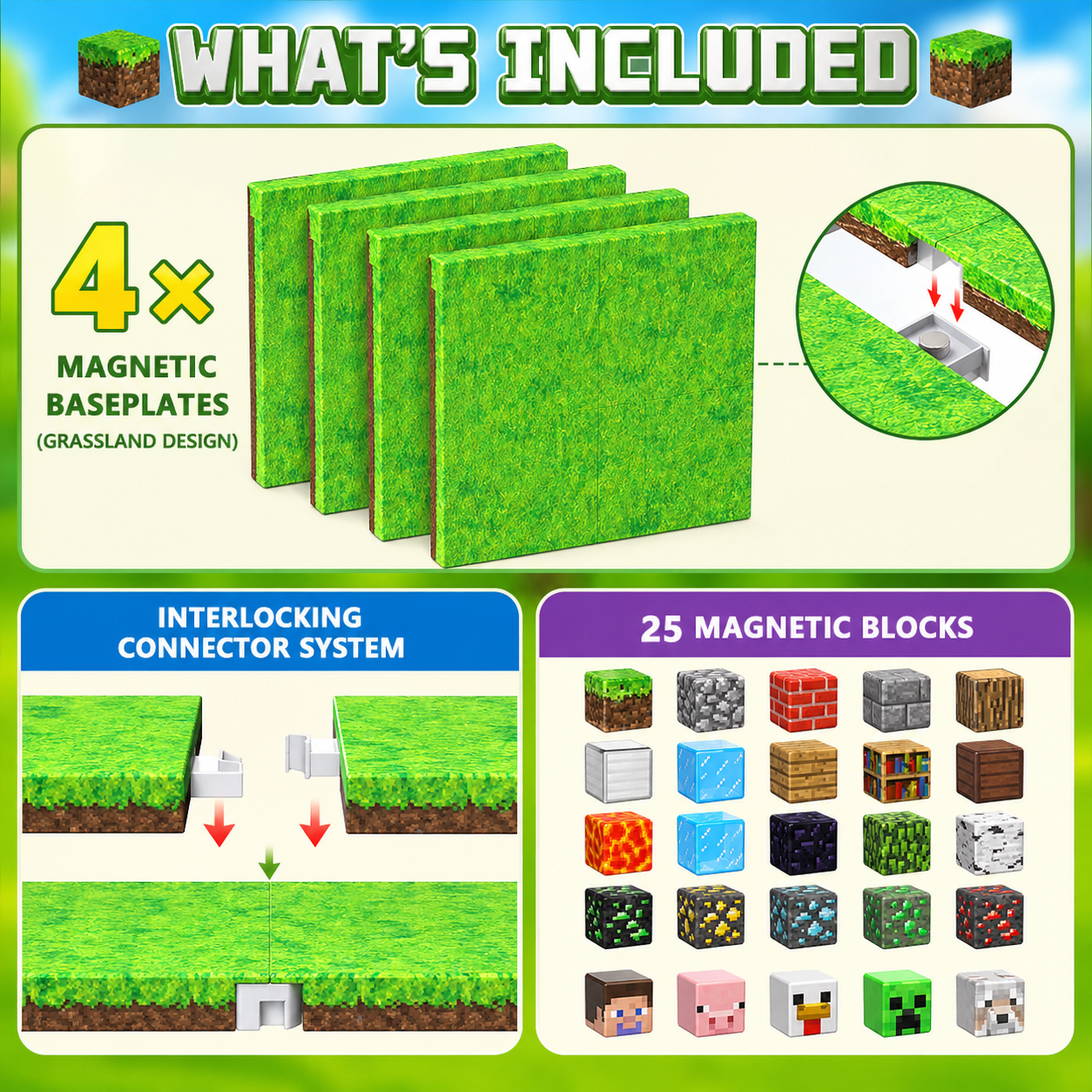 Magnetic Blocks Baseplate (4PCS baseplate + 25 blocks)