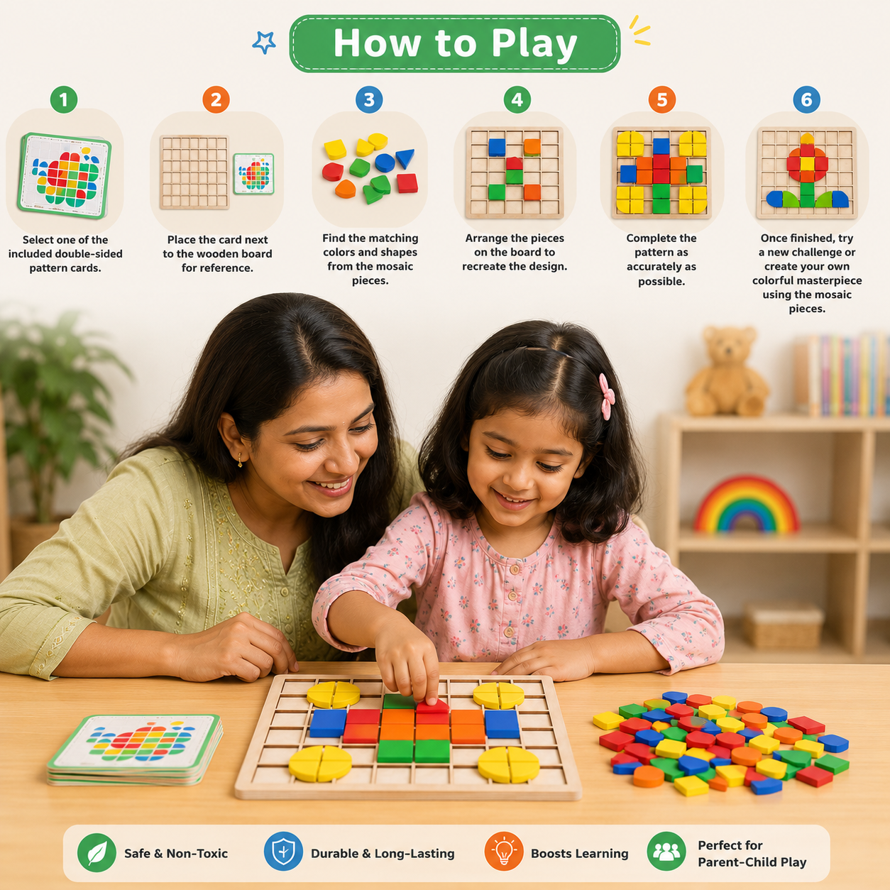 Color Mosaic Puzzle Board – Educational Wooden Pattern Matching Game