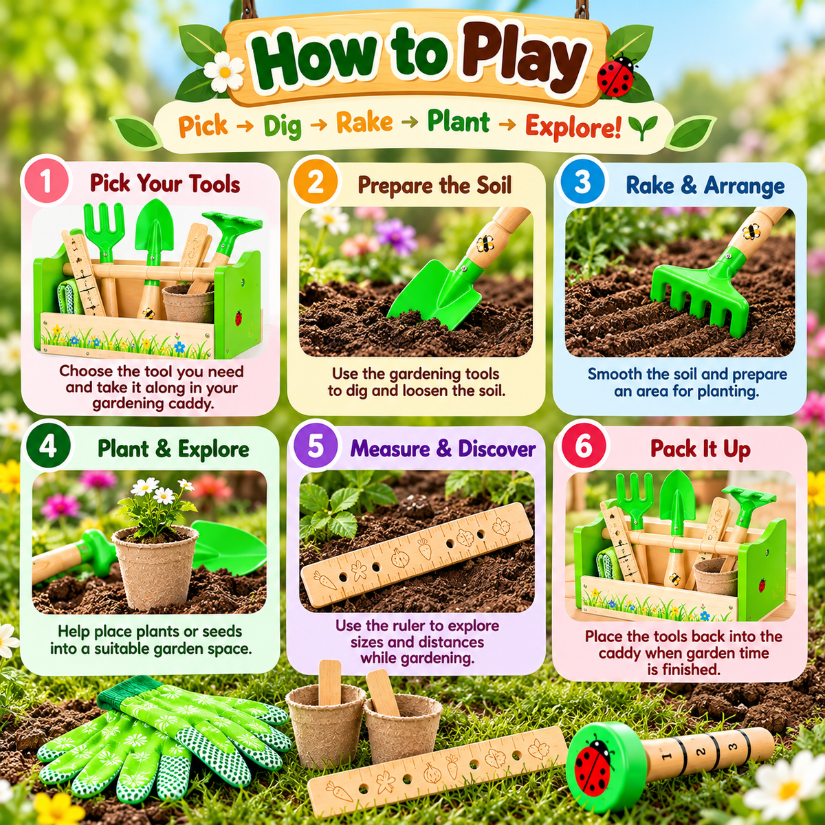 Kids Wooden Gardening Caddy & Tools Set – 11 Piece